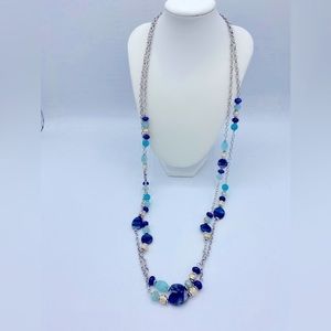 Chicos 2 Strand SilverTone with Silver, Blue, Green Beaded Long Necklace 32 1/2”